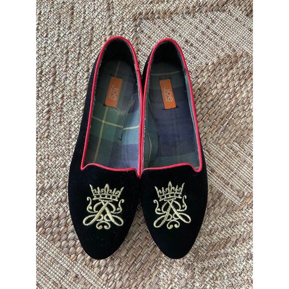 Joe Fresh black Velvet Monogram Driving Slippers with red trim SZ 8 flats - Picture 7 of 7